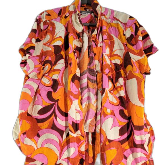 2 Pcs Ava & Viv Linen Blend 70’s Groovy Top & Bottom Orange Colorful Print XXL - Picture 4 of 10